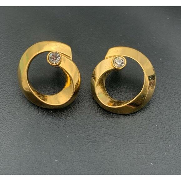 Vintage 1987 AVON Gold Tone Ribbon Sparkle Pierced Earrings - Picture 2 of 4